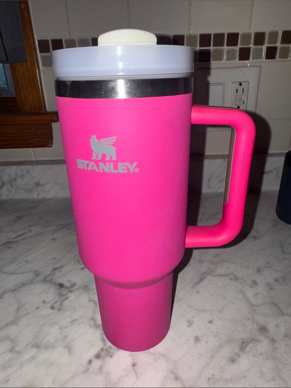 Stanley Pink Travel Tumbler with Handle and White Lid
